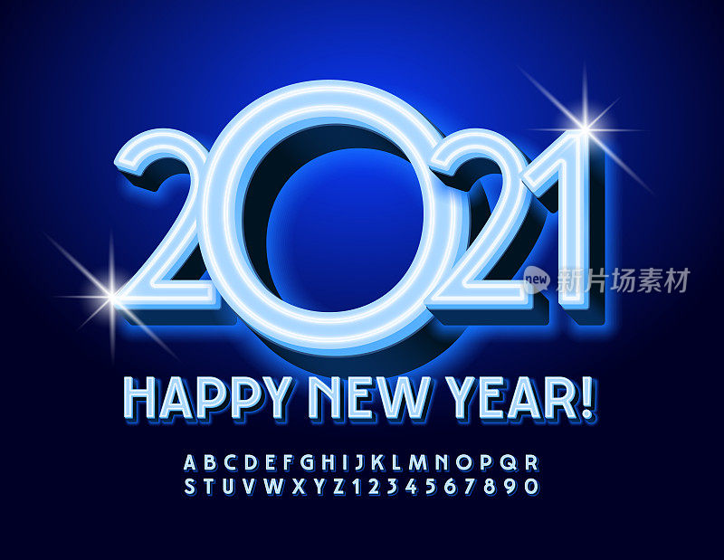 Vector illuminated greeting card Happy New Year 2021! Modern blue glowing Alphabet Letters and Numbers set